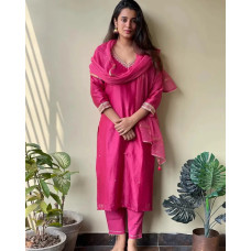 Designer Womens Pink Cotton Blend Solid Straight Kurta With Trousers And Dupatta