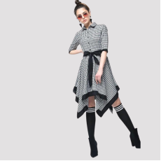 Womens Cotton Checkered High- Shirt Dress