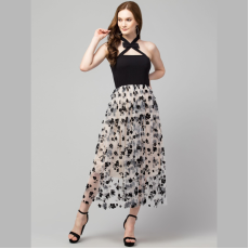 Womens Tulle Lining Printed Midi Dress