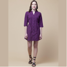 Women's Cotton Checkered Short Dress Purple