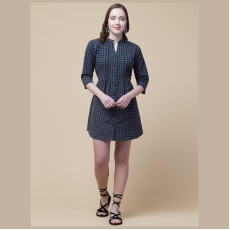 Women's Cotton Checkered Short Dress Grey 