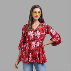 Womens Crepe  Floral Red Top