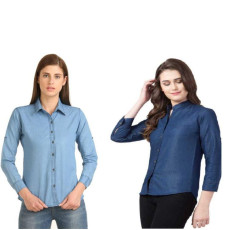 Womens Denim Solid Shirt Buy 1 Get 1 Free Denim Blue 