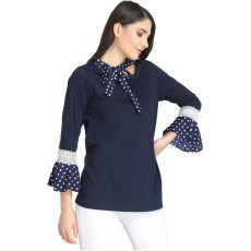 Women's Cotton Blend Polka Print Bell Sleeves Top