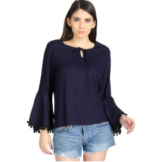 Women's Cotton Blend Solid Pom Pom Bell Sleeves Top