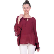 Women's Cotton Blend Solid Pom Pom Bell Sleeves Top