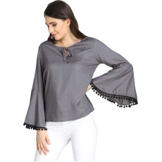 Women's Cotton Blend Solid Pom Pom Bell Sleeves Top