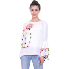 Women's Cotton Blend Solid Pom Pom Bell Sleeves Top