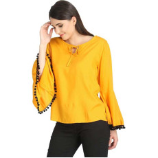 Women's Cotton Blend Solid Pom Pom Bell Sleeves Top