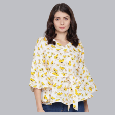 Women's Crepe Butterfly Printed Bell Sleeves Top