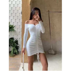 Womens Lyra Off Shoulder Bodycon Drawstring Short Dress Full 