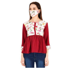 Women's Crepe Floral Print Drop Waist Top with Mask