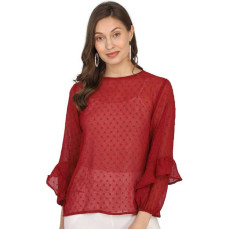 Women's Chiffon Self Design Puff Sleeves Top